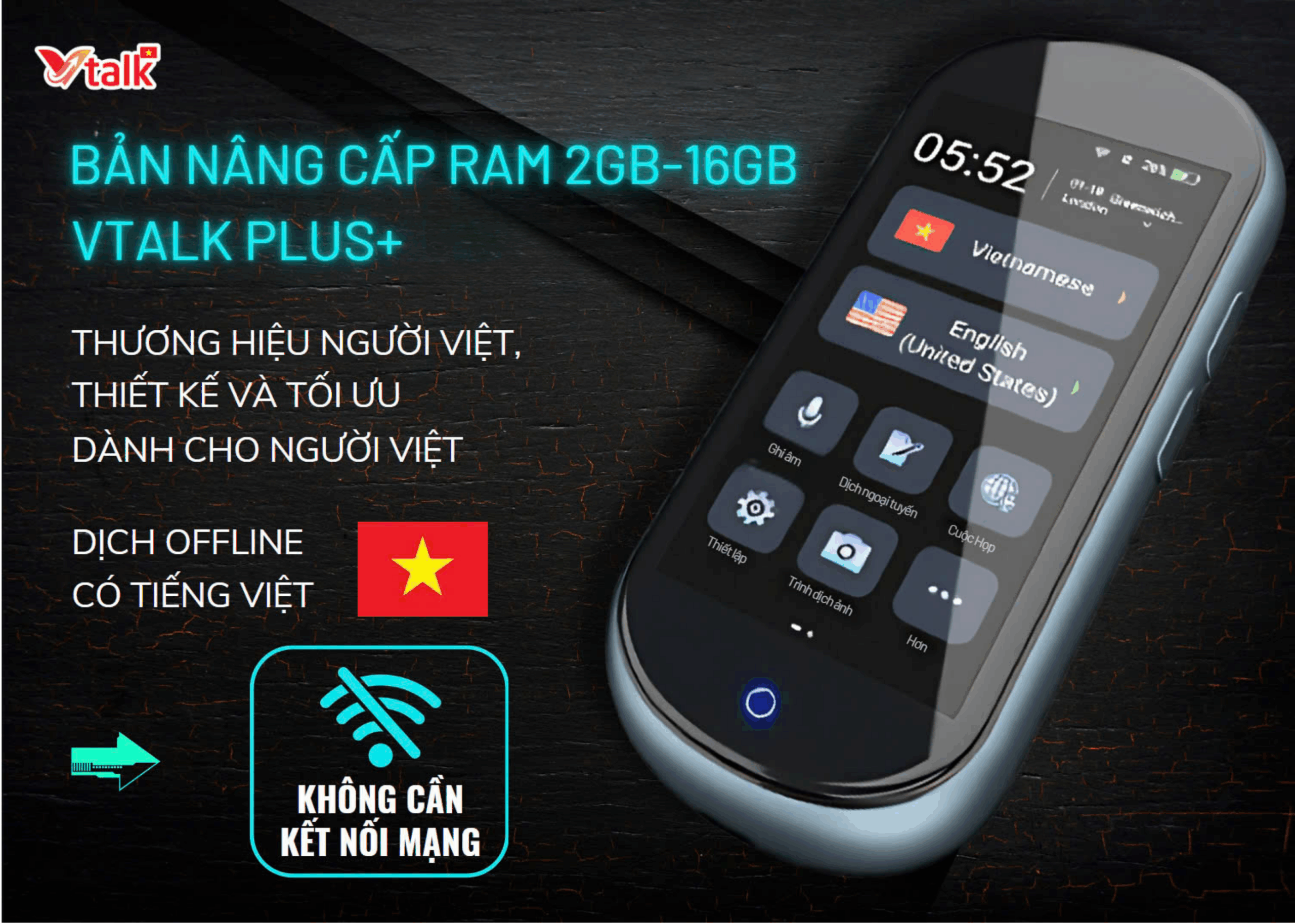 Máy Phiên Dịch VTalk Plus+ 2026 – Bản Nâng Cấp Ram 2GB – 16GB – Mang Thương Hiệu Việt Nam, Dịch Offline Có Tiếng Việt