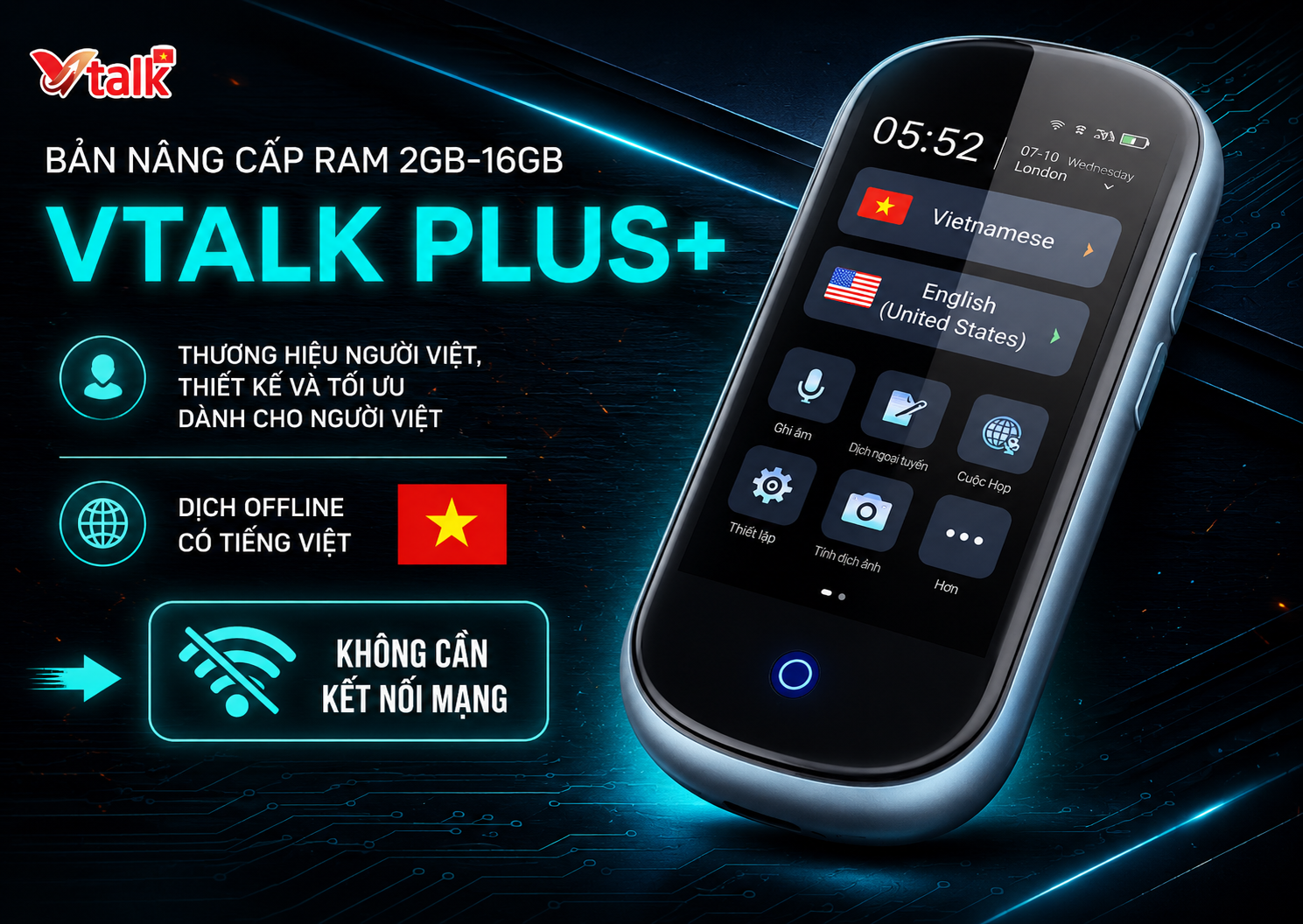 VTalk Plus+ 2026 – Bản Nâng Cấp Ram 2GB – 16GB Thương Hiệu Việt Nam, Dịch Offline Có Tiếng Việt