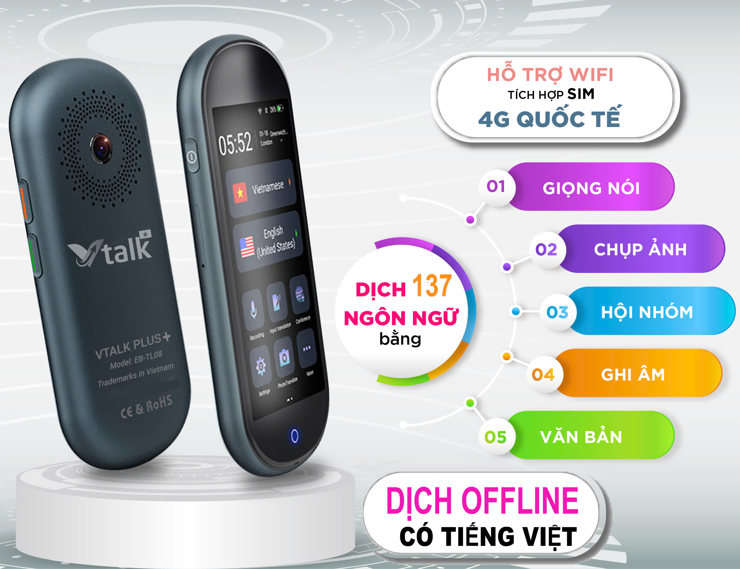 Máy Phiên Dịch VTalk Plus+ 2025 - Bản Nâng Cấp Ram 2GB - 16GB – Mang Thương Hiệu Việt Nam, Dịch Offline Có Tiếng Việt