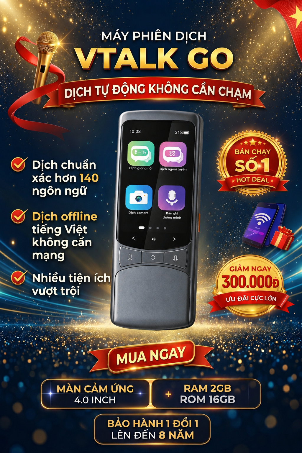 Vtalk Go 2026 – Máy Phiên Dịch AI Thông Minh Không Cần Chạm, Không Cần Nút