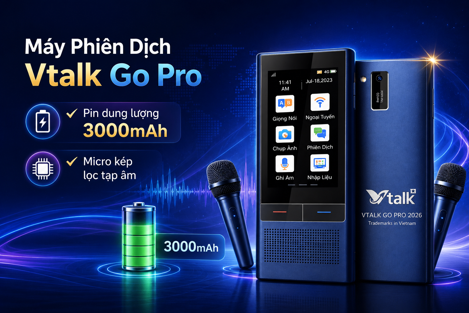 Máy Phiên Dịch VTalk Go Pro 2026 dung lượng pin bền bỉ cả ngày