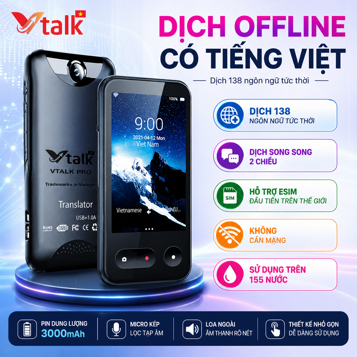 VTalk Pro+ 2026 – Máy phiên dịch được nâng cấp có Offline Tiếng Việt thương hiệu Việt