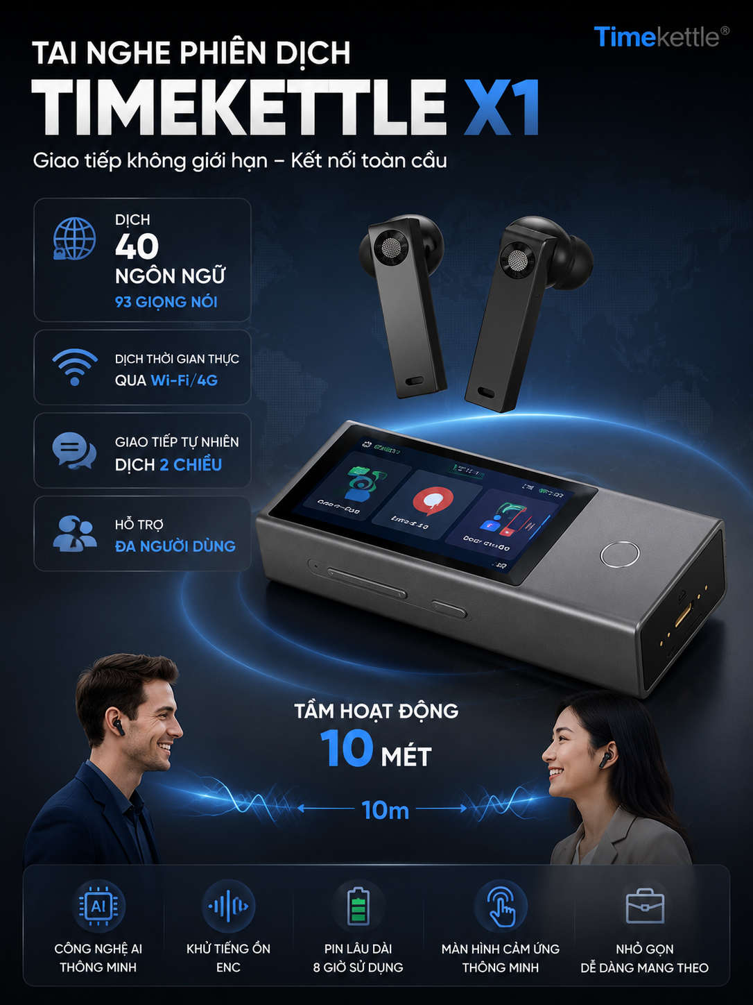 Timekettle X1 2026 – Tai Nghe Phiên Dịch Cao Cấp Được Tích Hợp AI HybridComm Dịch Tức Thời Timekettle X1 2026 – Tai Nghe Phiên Dịch Cao Cấp Được Tích Hợp AI HybridComm Dịch Tức Thời