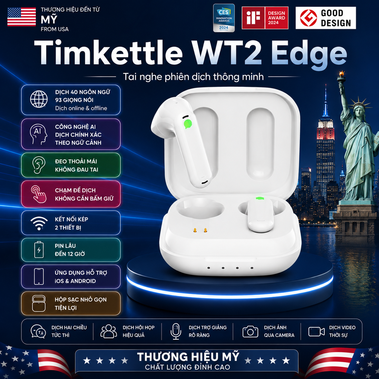 WT2 Edge – Tai Nghe Phiên Dịch Nhanh Thời Gian Thực 0.5 Giây
