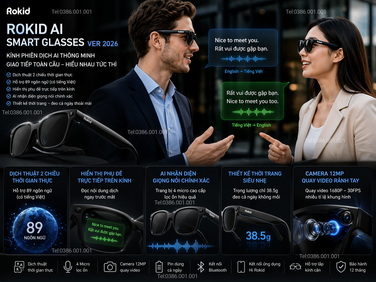 Kính phiên dịch Rokid AI Smart Glasses 2026 - Dịch thuật 2 chều hỗ trợ 89 ngôn ngữ, Hiển thị phụ đề trước mắt, AI nhận dạng giọng nói, Thiết kế thời trang, Camera 12MP quay siêu nét
