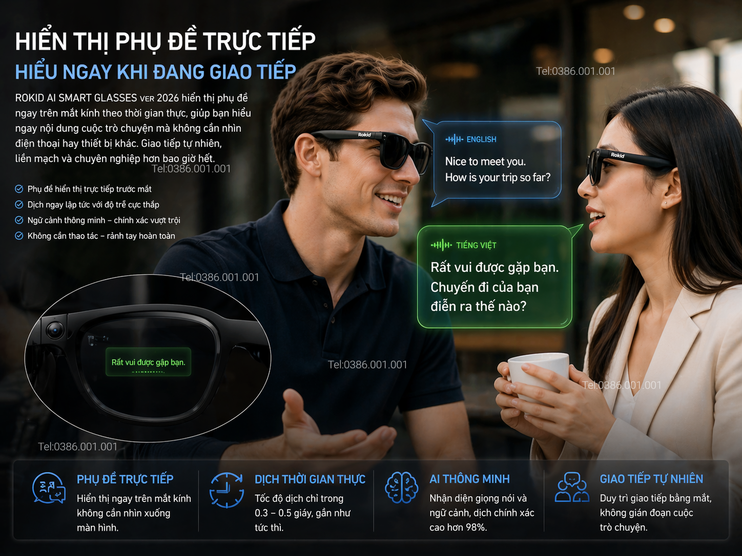 Kính phiên dịch Rokid AI Smart Glasses 2026 - Hiển thị phụ đề trực tiếp, Dịch tốc độ chỉ trong 0.3-0.5 giây, AI nhận diện thông minh