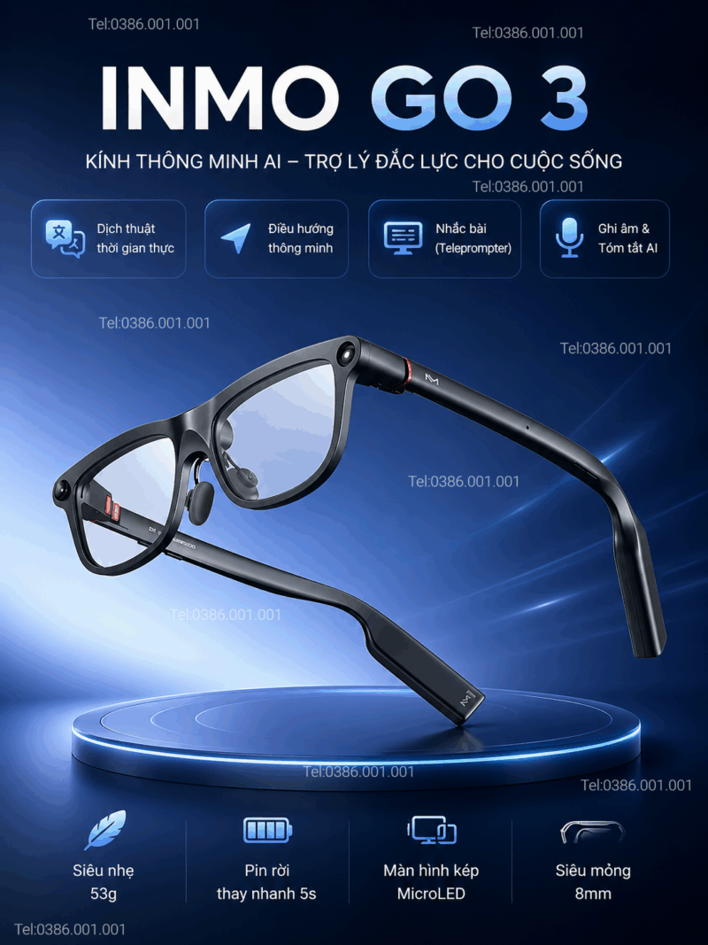 INMO Go3 2026 – Kính phiên dịch AI cao cấp, hiển thị kép MicroLED & pin rời đột phá