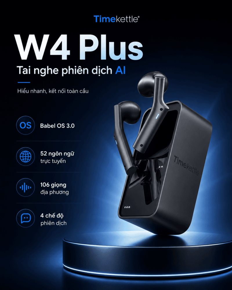 Timekettle W4 Plus 2026 – Tai Nghe Phiên Dịch AI Họp Trực Tuyến