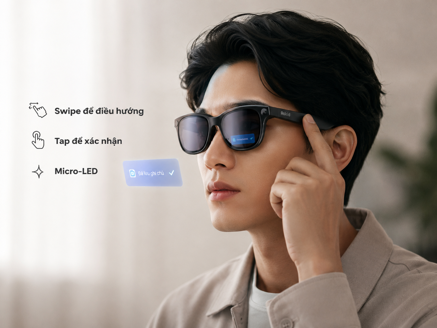 Người dùng vuốt touchpad trên Rokid Glasses Display để điều hướng nội dung Micro-LED.