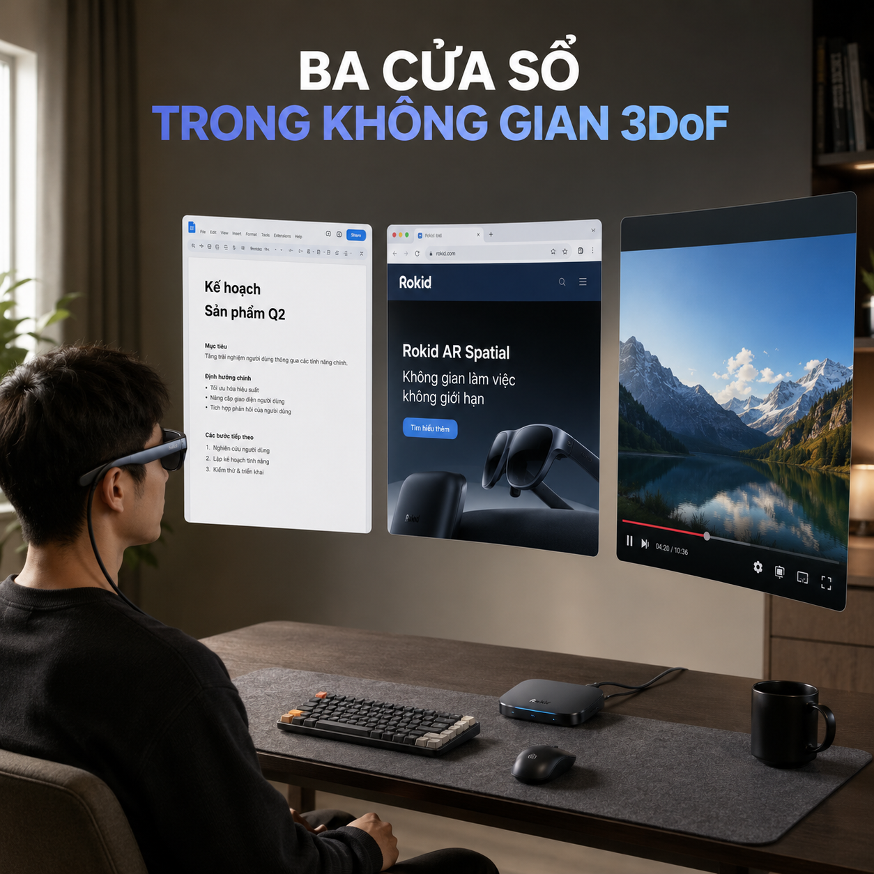 ba cửa sổ 3DoF trên bộ kính Rokid AR Spatial.