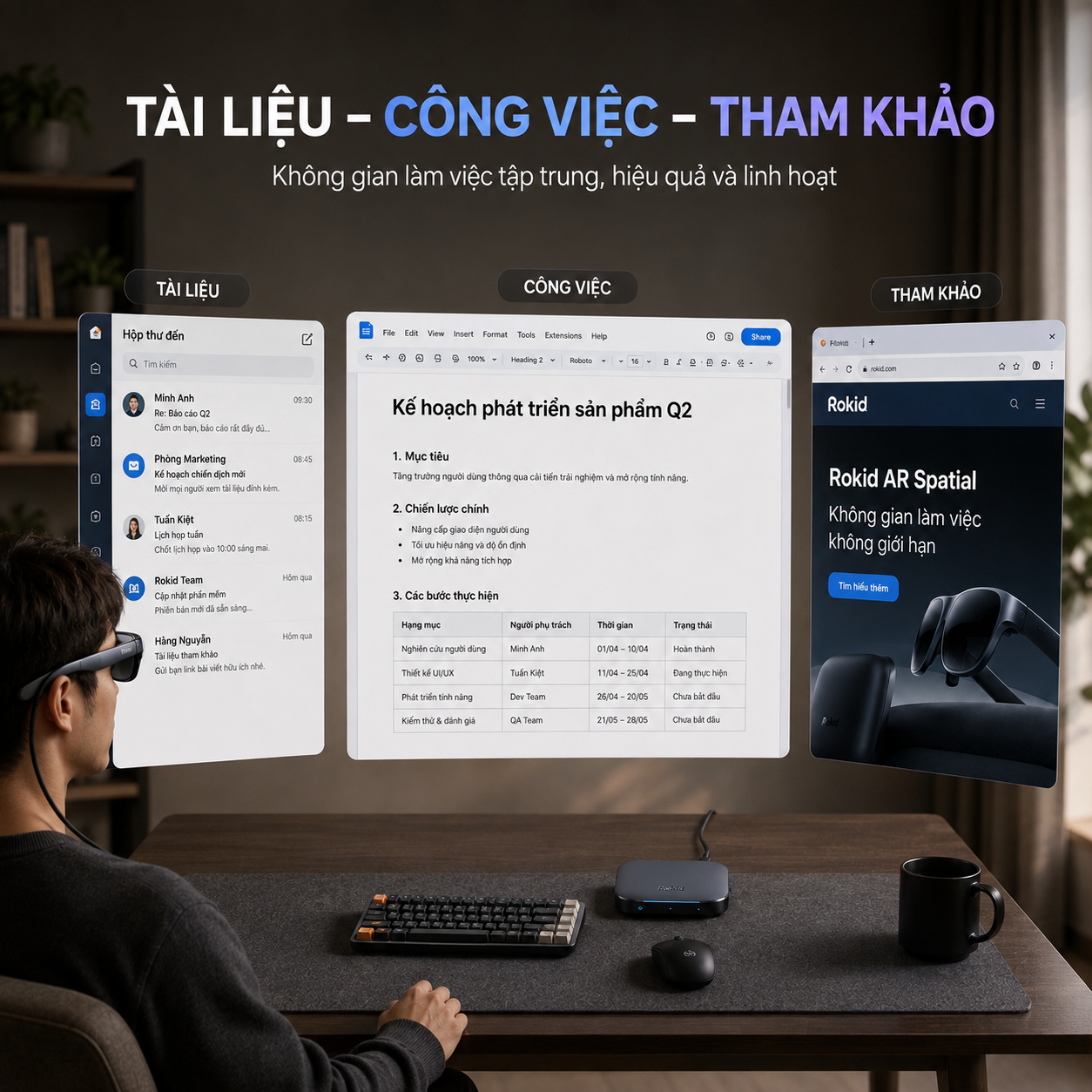 bố cục ba màn hình ảo cho làm việc trên Rokid AR Spatial.