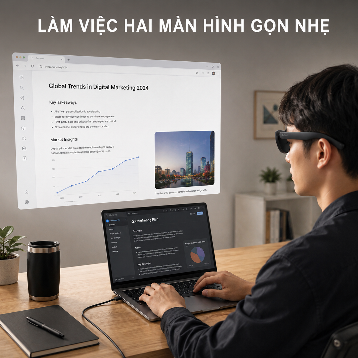 bố trí màn hình phụ Rokid cho công việc di động.