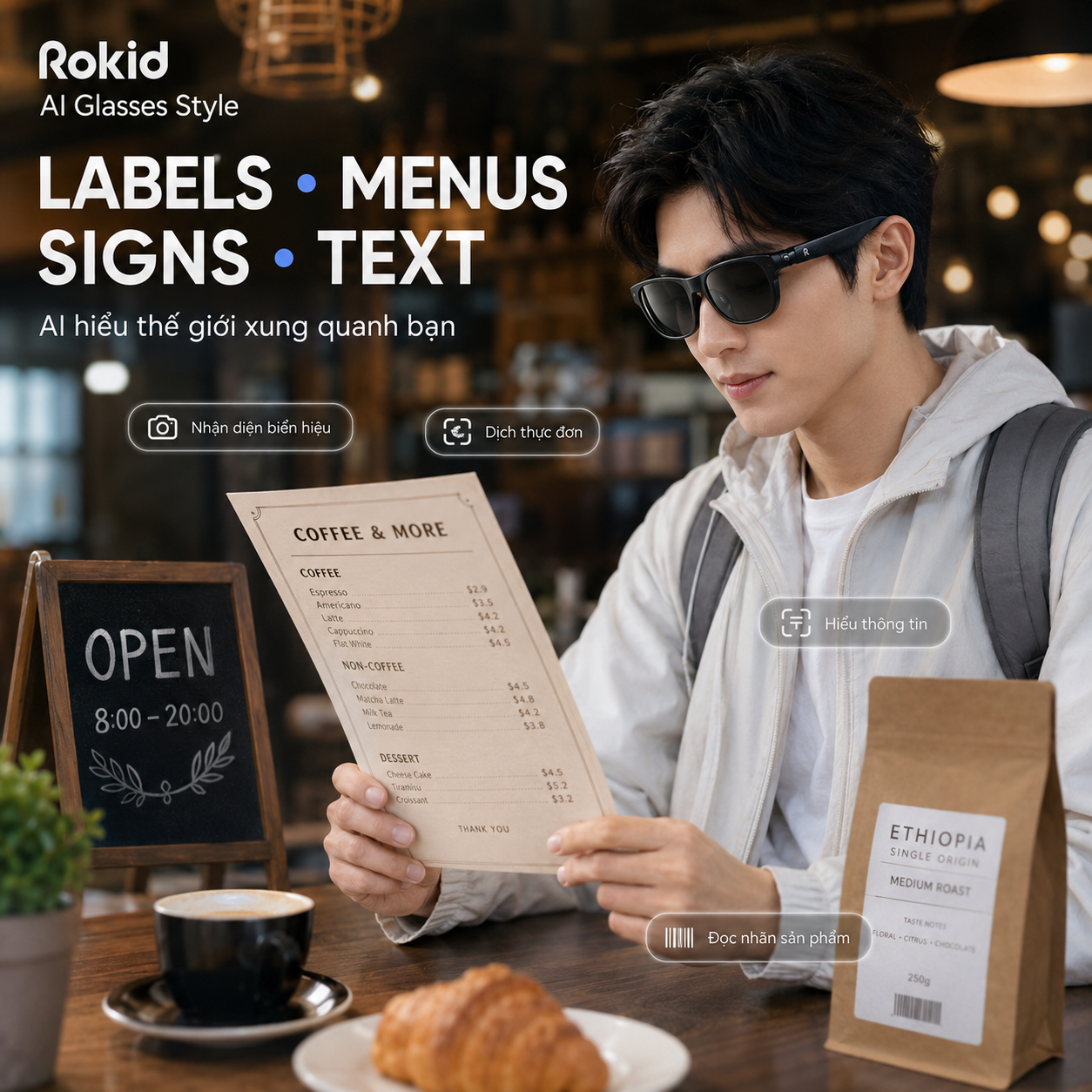 AI trên kính Rokid hỗ trợ nhận diện menu biển báo nhãn và văn bản.