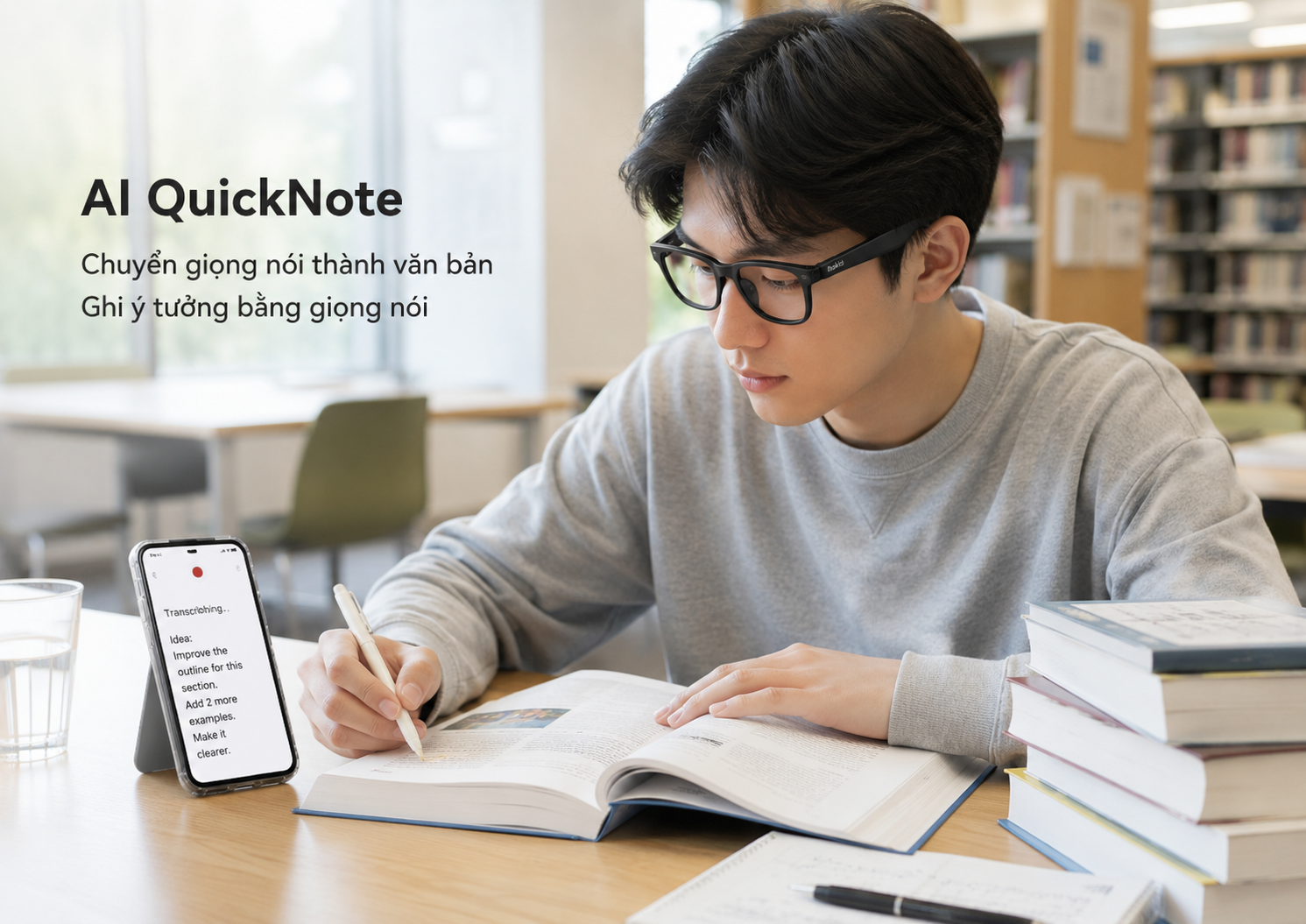 Sinh viên dùng Kính Thông Minh Rokid để ghi QuickNote và chuyển giọng nói thành văn bản khi học.