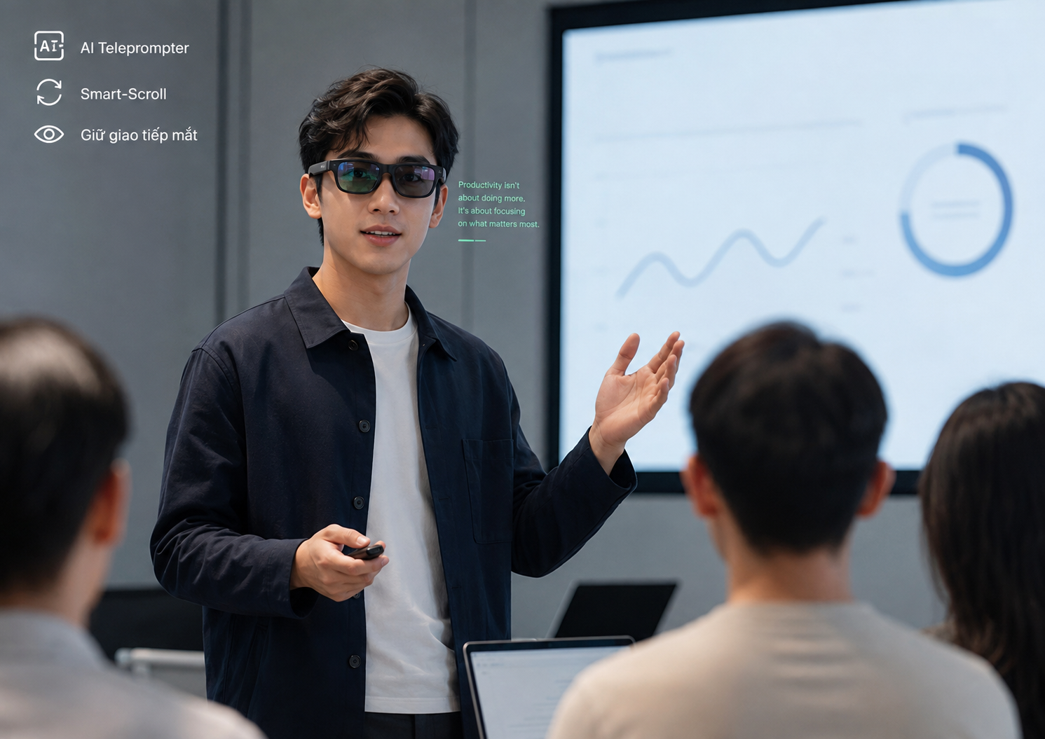 Người thuyết trình sử dụng AI Teleprompter trên Rokid Glasses Display để xem script trong tầm nhìn.