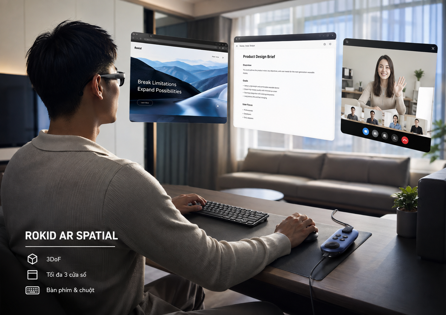 Người dùng Rokid AR Spatial làm việc với ba cửa sổ 3DoF, bàn phím và chuột Bluetooth.