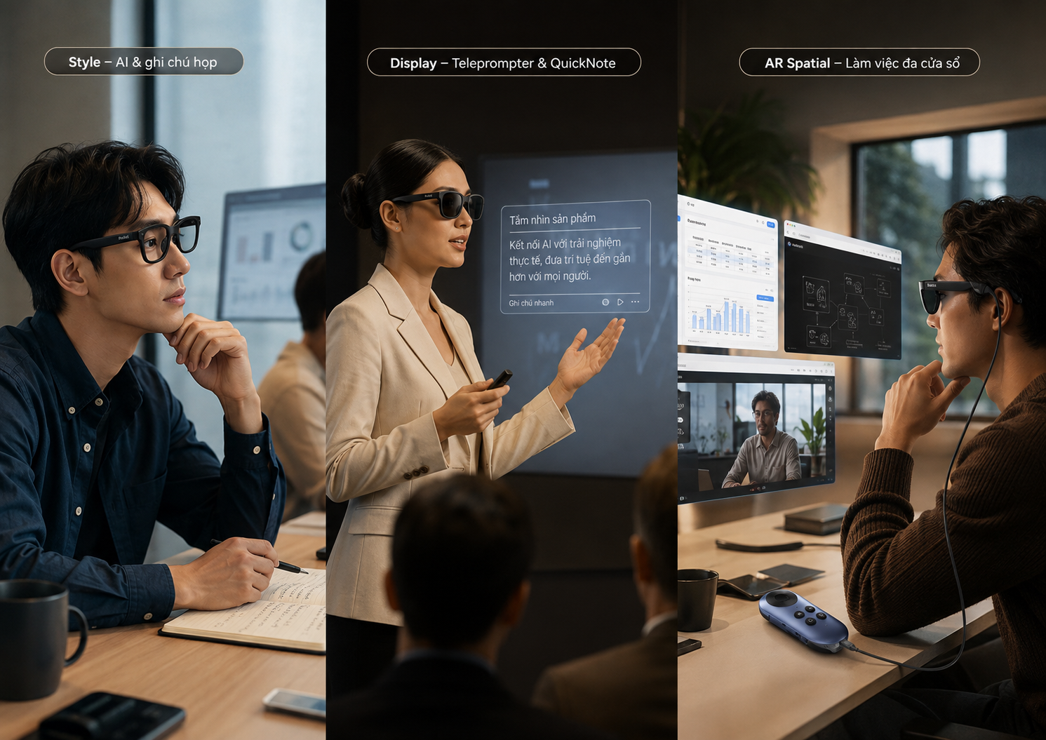 Ba tình huống làm việc và học tập với Rokid AI Glasses Style, Rokid Glasses Display và Rokid AR Spatial.
