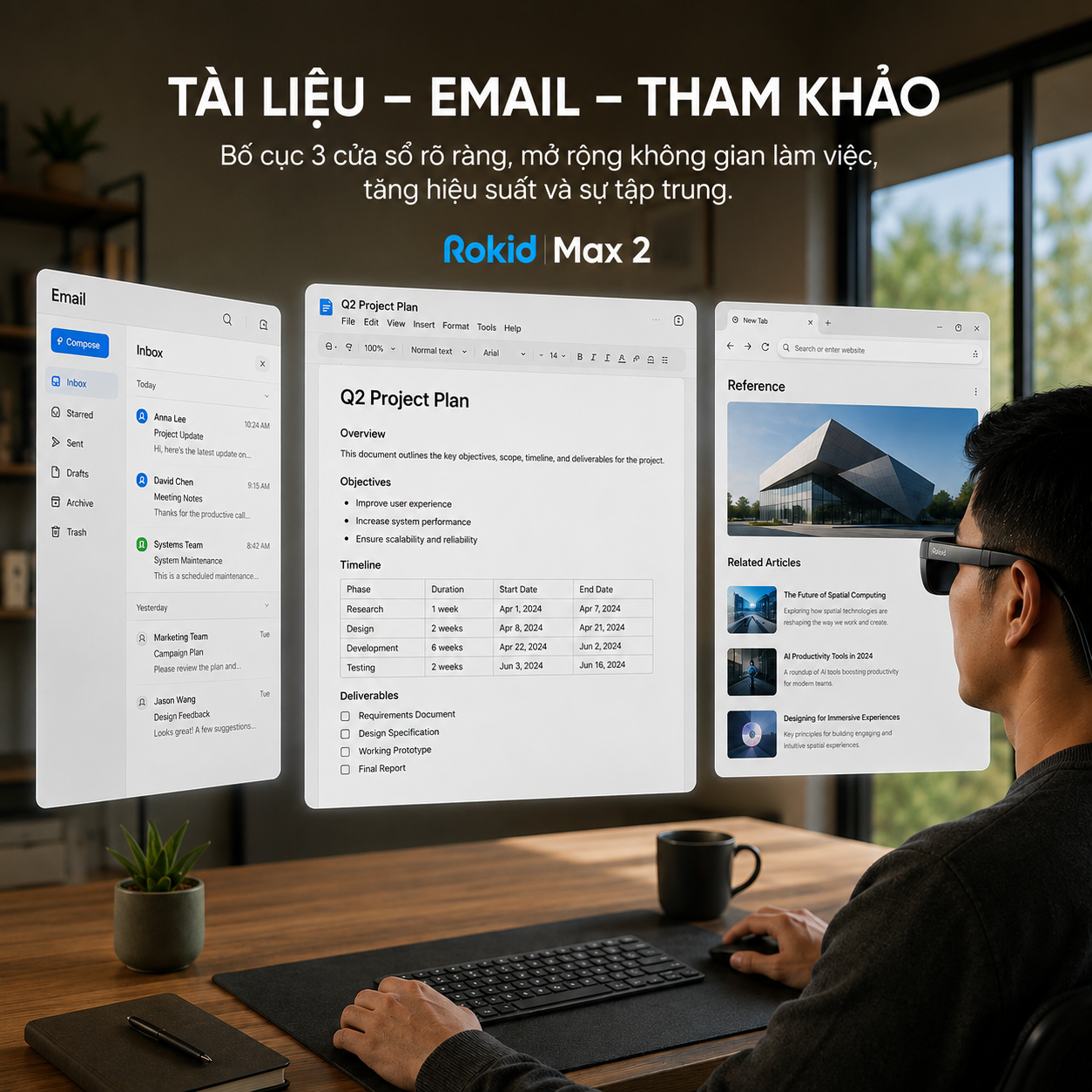 bố cục ba cửa sổ cho làm việc trên Rokid AR Spatial.