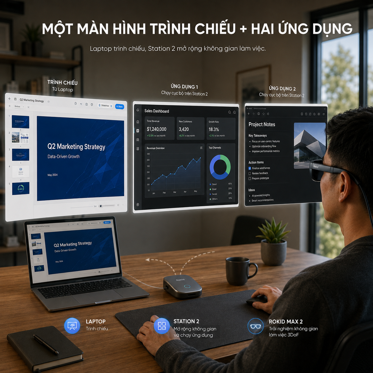 kết hợp màn hình laptop và ứng dụng Station 2 trong không gian 3DoF.