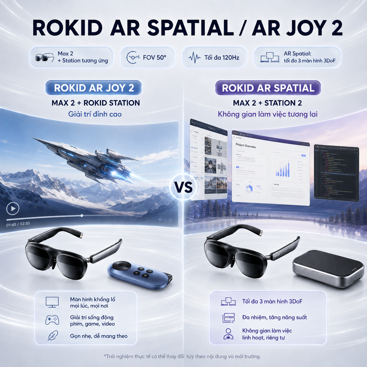So sánh Rokid AR Spatial và Rokid AR Joy 2 cho làm việc và giải trí.