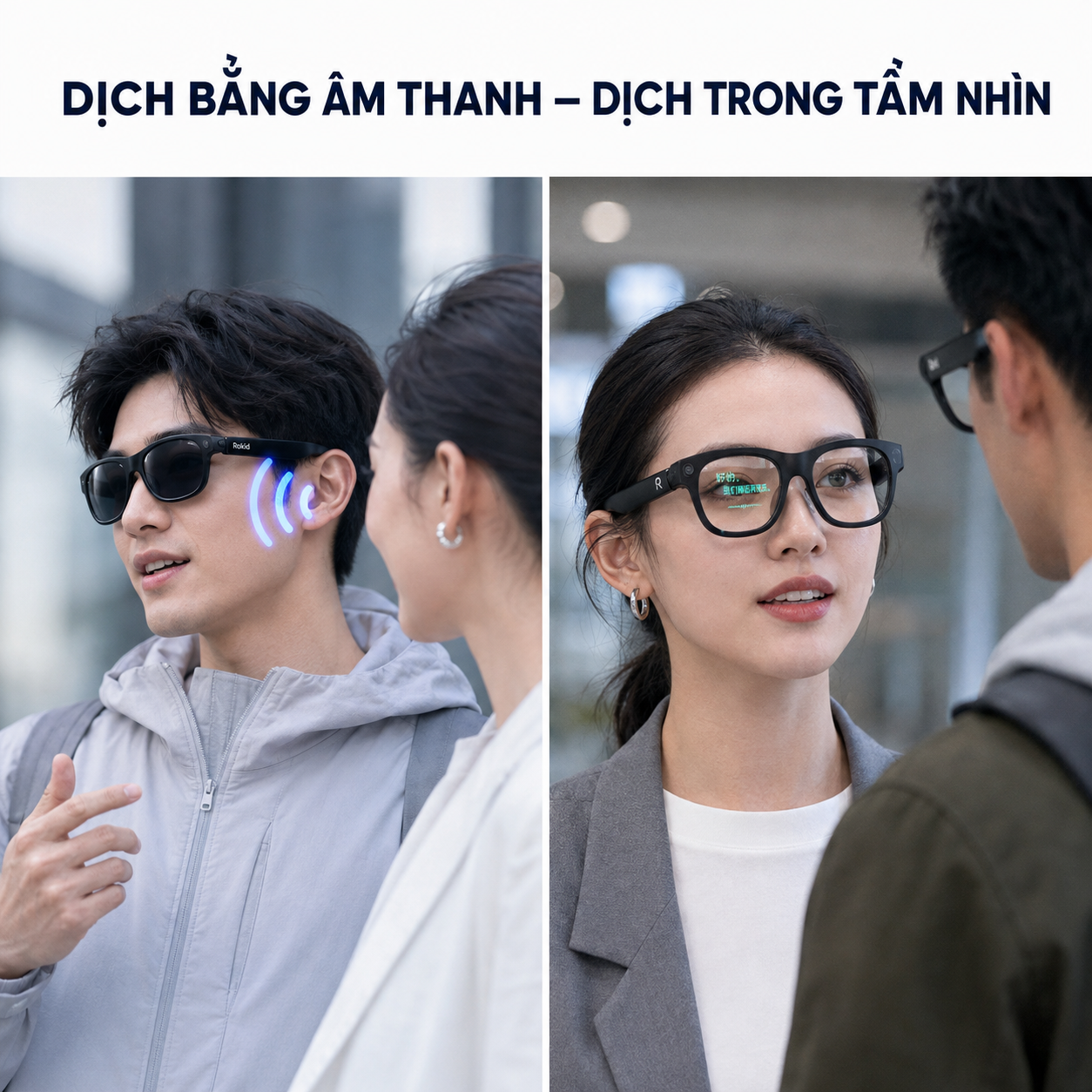khác biệt phiên dịch bằng âm thanh và phụ đề trên kính Rokid.