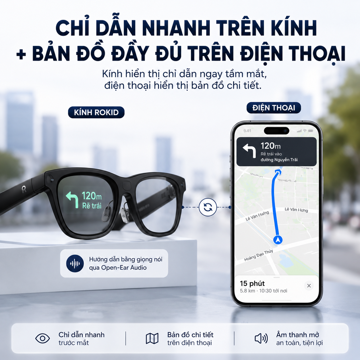 Chỉ dẫn trên kính Rokid kết hợp bản đồ chi tiết trên điện thoại.
tạo 5 ảnh khác nhau