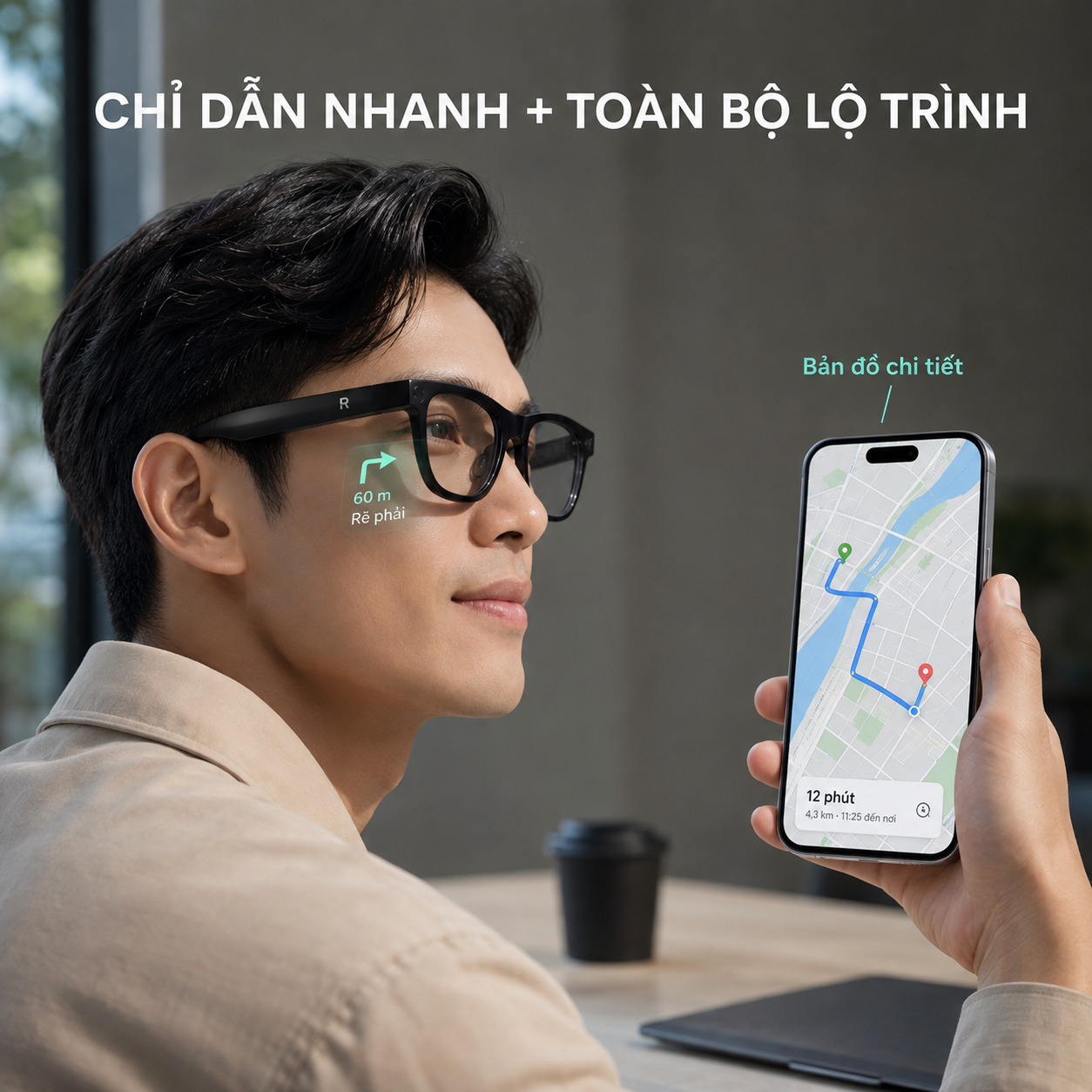 kết hợp kính Rokid và điện thoại để dẫn đường khi đi bộ.