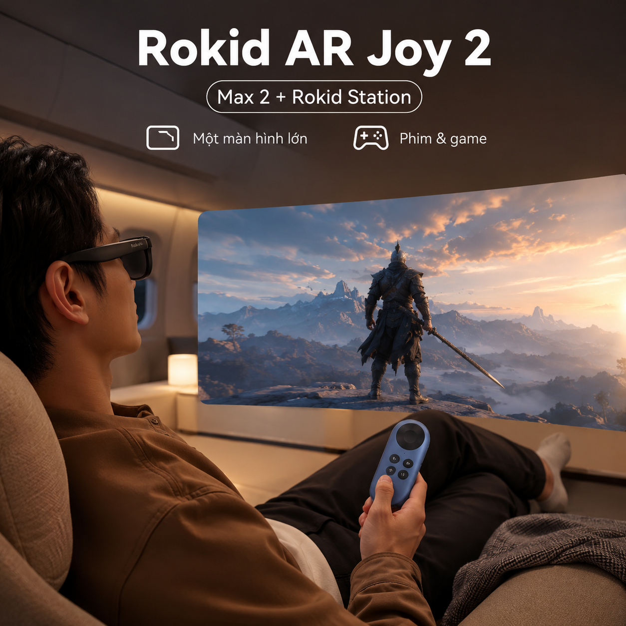 Rokid AR Joy 2 sử dụng Max 2 và Rokid Station để chơi game và xem phim trên màn hình lớn.