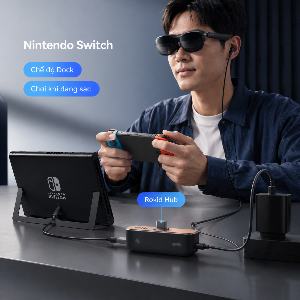 Nintendo Switch kết nối Rokid Max 2 qua Rokid Hub để chơi game trên màn hình AR.