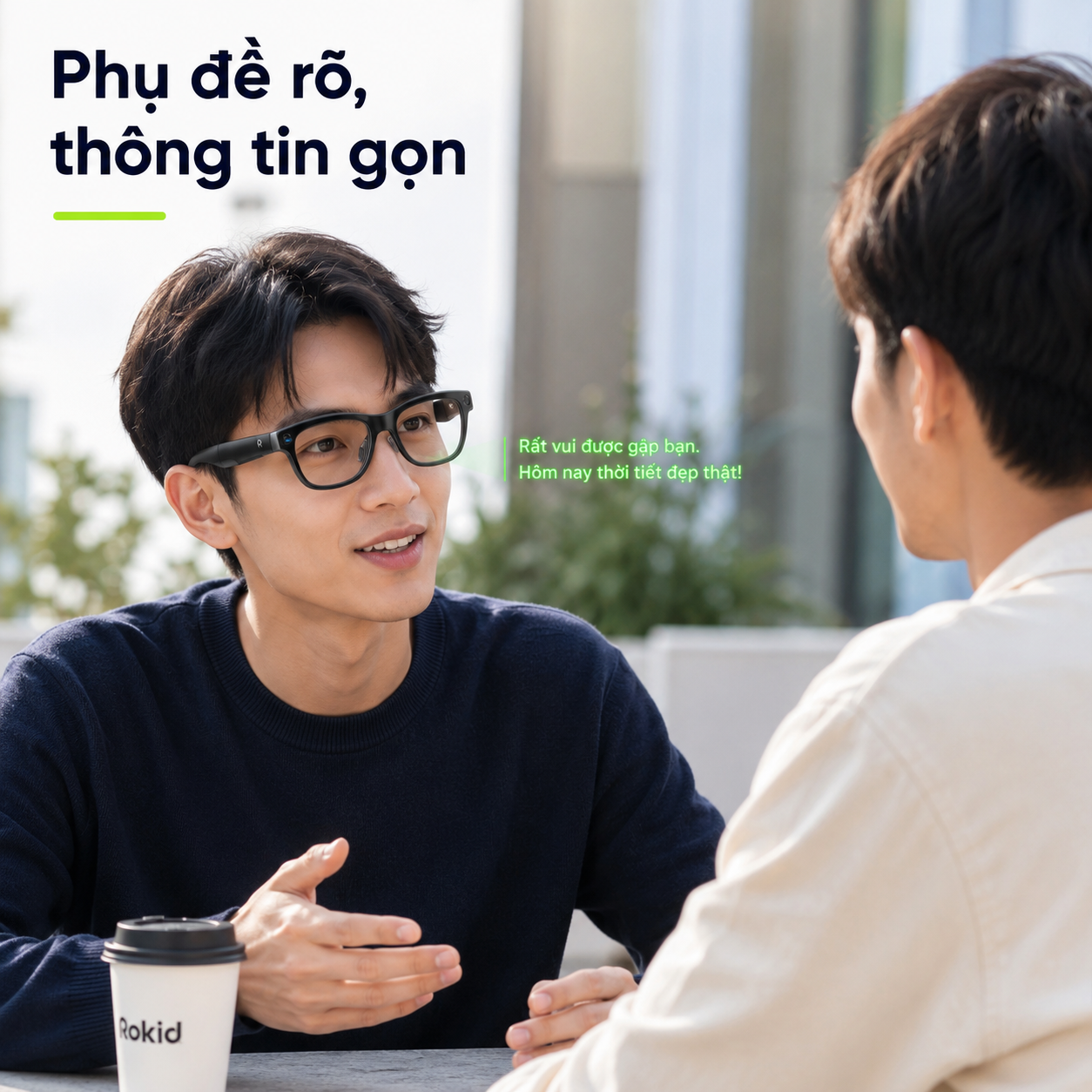 phụ đề trực tiếp trên kính AI Rokid có màn hình.