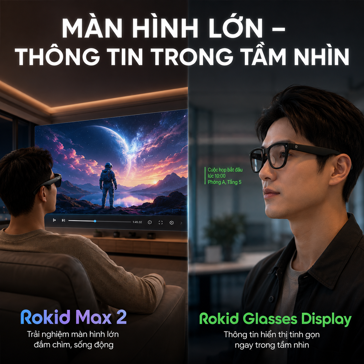 so sánh trải nghiệm hiển thị Rokid Max 2 và Rokid Glasses bản Display.