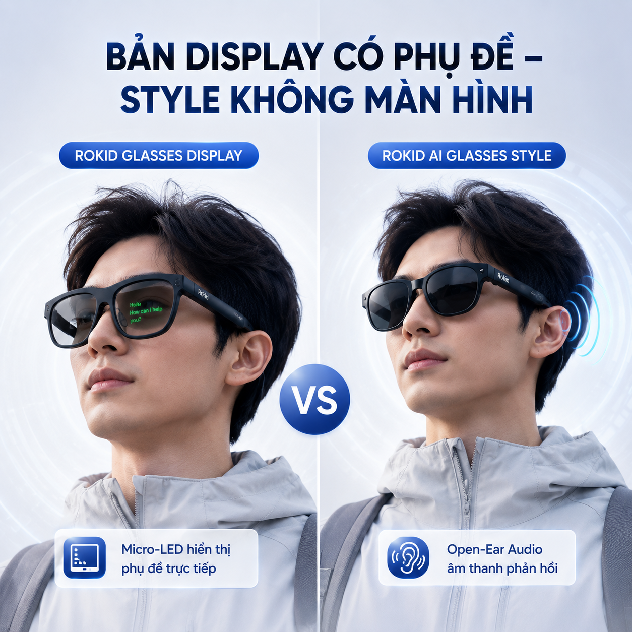 khác biệt hiển thị phụ đề giữa Rokid Glasses và AI Glasses Style.