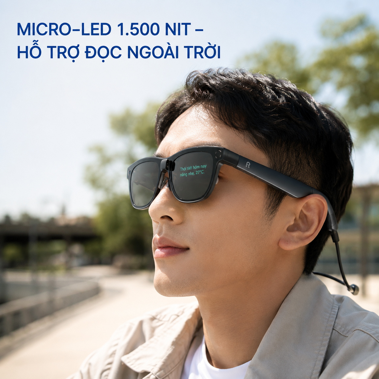 màn hình Micro-LED trên kính Rokid hỗ trợ đọc phụ đề ngoài trời.