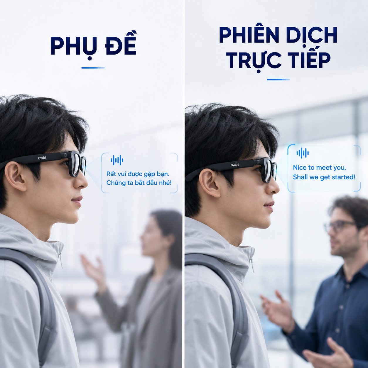 ứng dụng phụ đề trên kính AI Rokid trong công việc và du lịch.