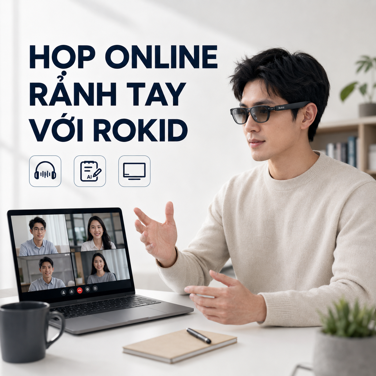 kính Rokid hỗ trợ họp trực tuyến và ghi chú AI.