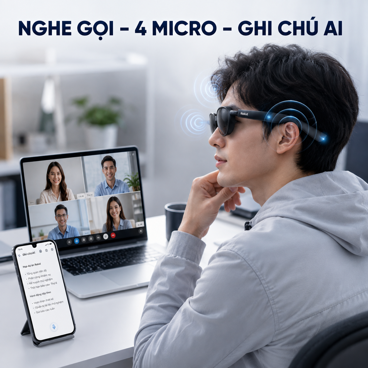 Rokid Style hỗ trợ micro và ghi chú cuộc họp.