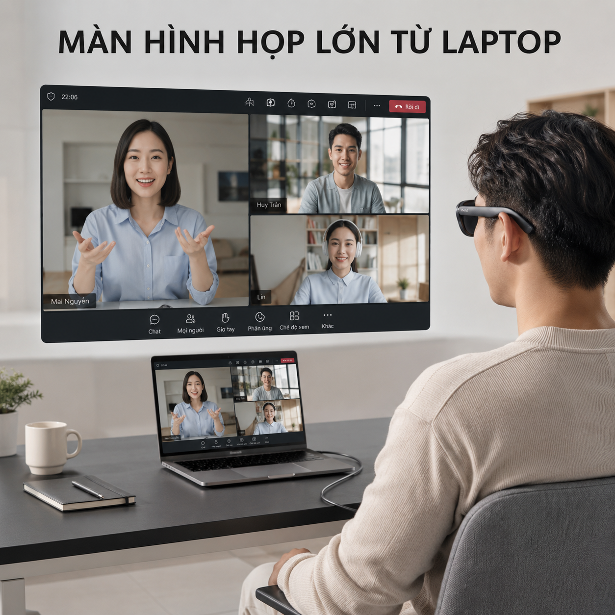 Rokid Max 2 hiển thị cuộc họp từ laptop trên màn hình ảo.