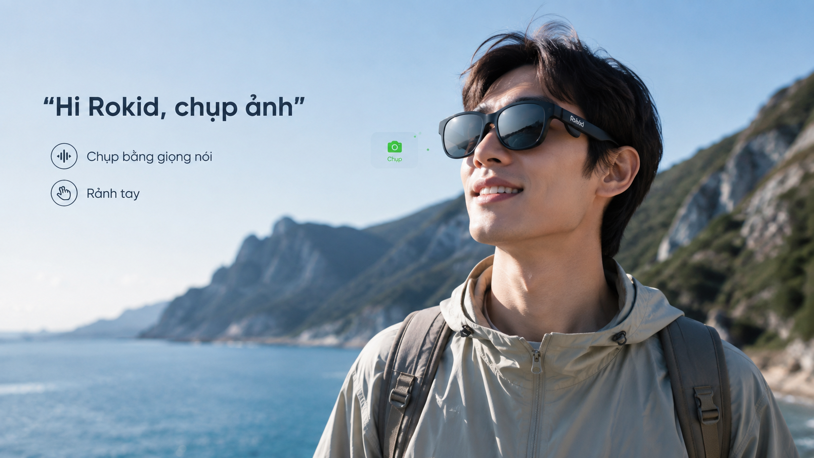 Người dùng Rokid Glasses Display ra lệnh Hi Rokid take a photo để chụp ảnh rảnh tay.