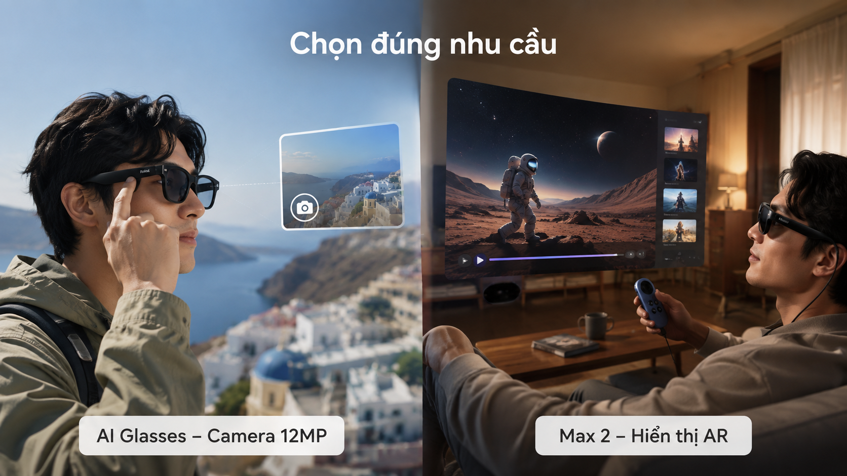 Ảnh phân biệt Kính Thông Minh Rokid AI có camera POV với Rokid Max 2 thiên về hiển thị AR.