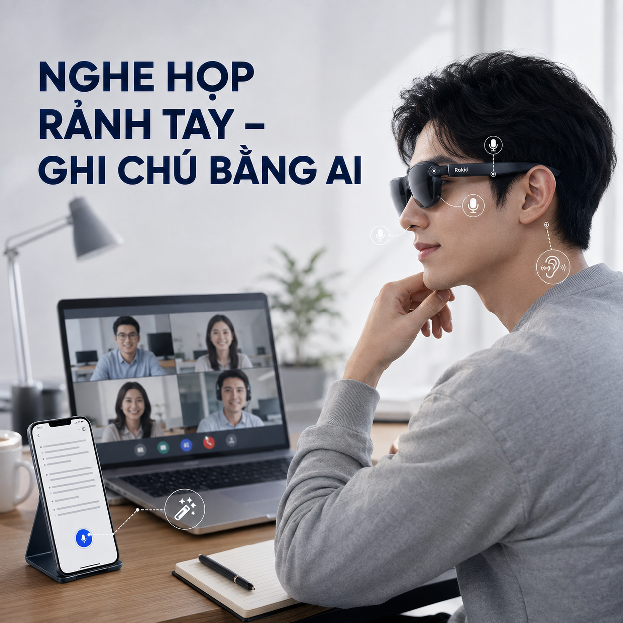 Rokid AI Glasses Style hỗ trợ âm thanh và ghi chú cuộc họp.