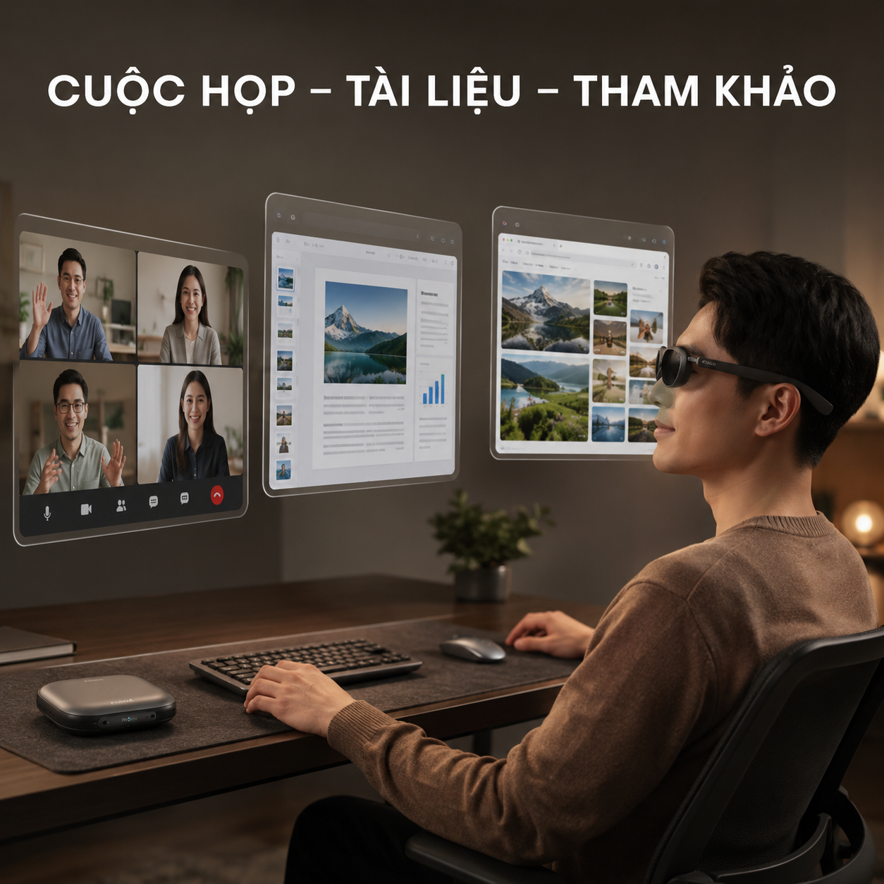 không gian ba cửa sổ Rokid AR Spatial cho làm việc từ xa.