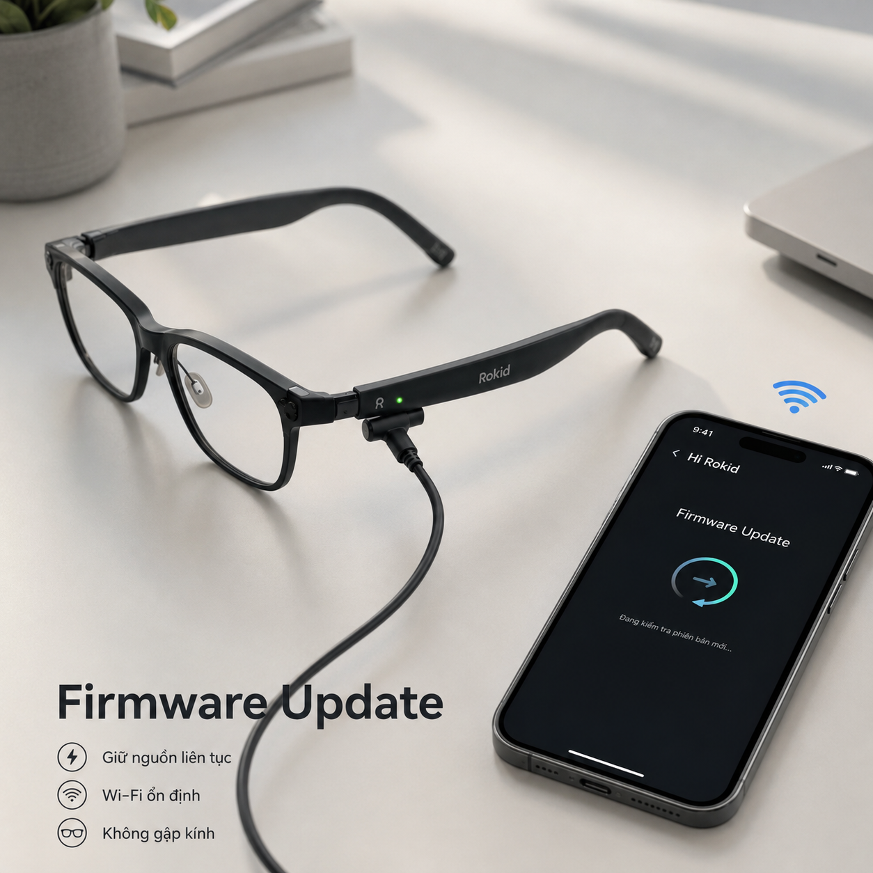 Rokid Glasses được kết nối nguồn và Hi Rokid khi cập nhật firmware an toàn.