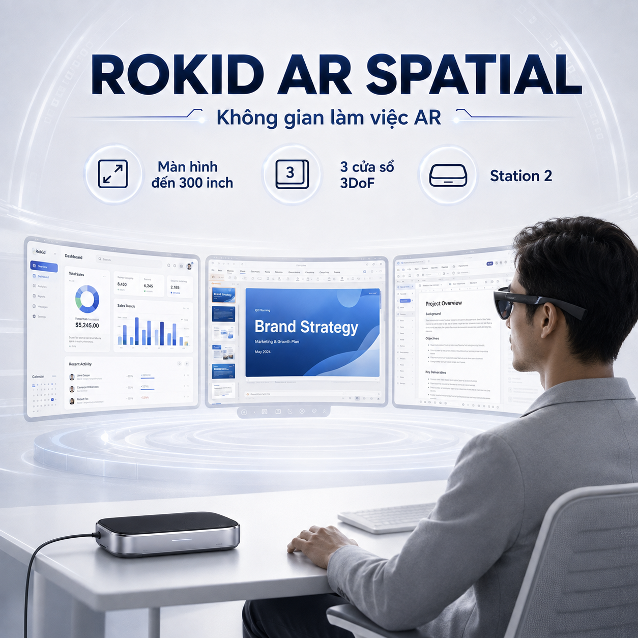 Rokid AR Spatial với ba màn hình ảo 3DoF và Station 2.