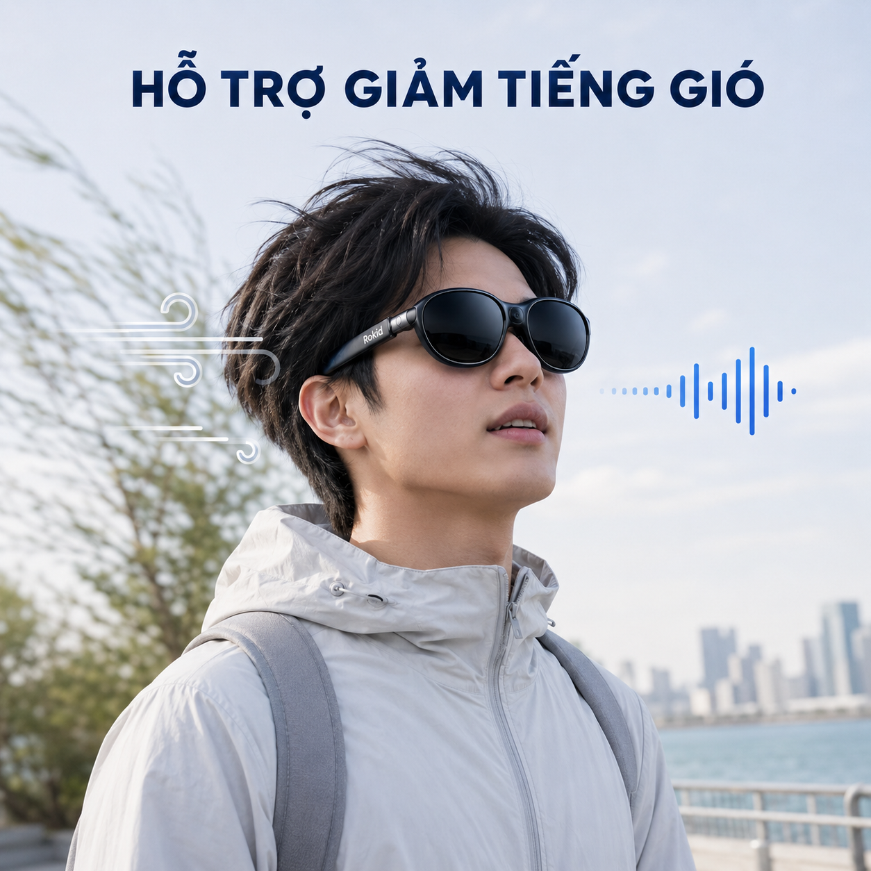 micro kính AI Rokid hỗ trợ thu giọng khi sử dụng ngoài trời.