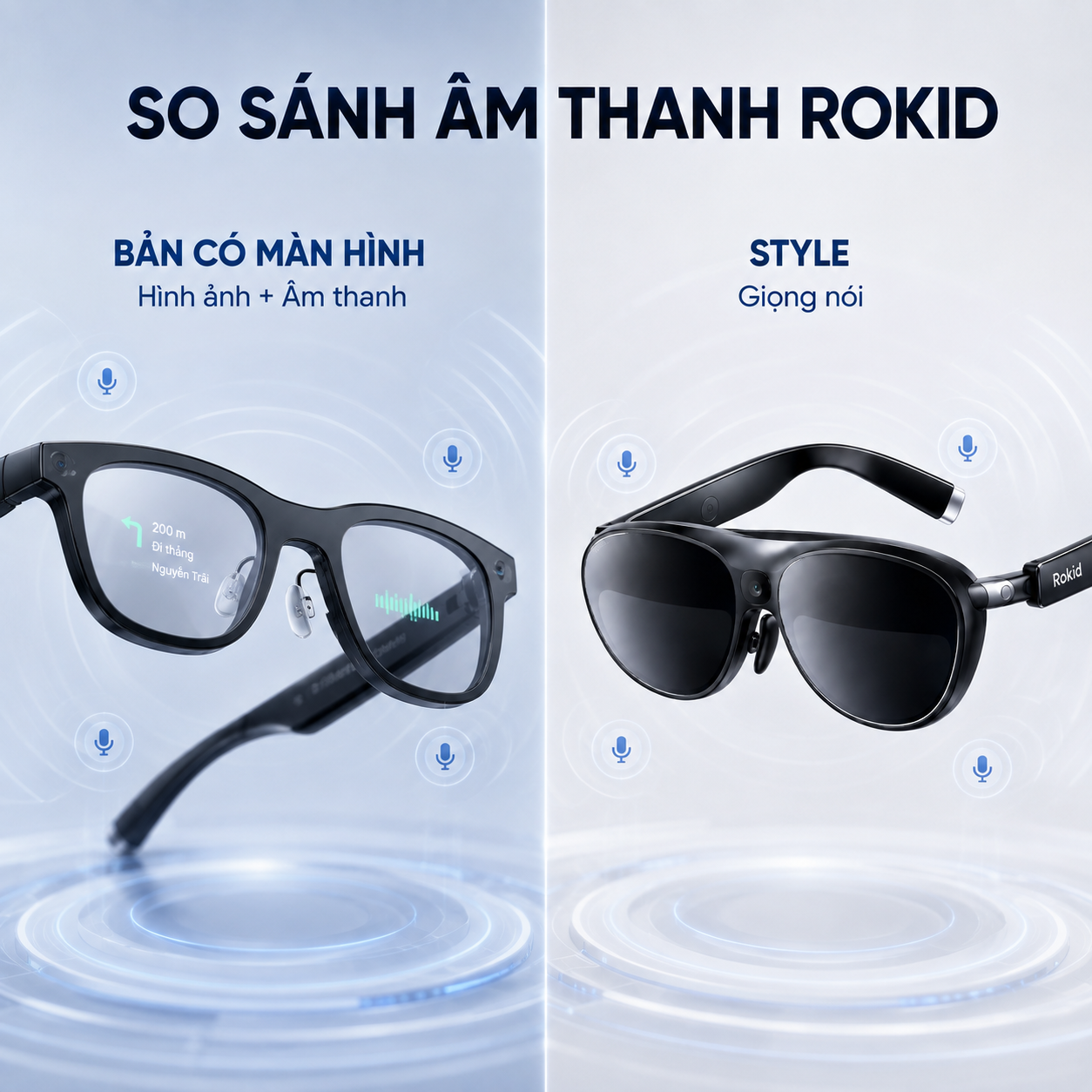 so sánh hệ thống micro trên Rokid Glasses Display và AI Glasses Style.