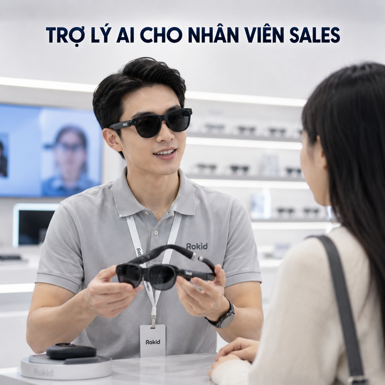 kính AI Rokid hỗ trợ nhân viên tư vấn khách hàng tại showroom.