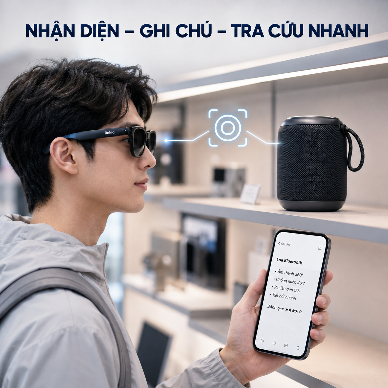 AI nhận diện sản phẩm và ghi chú nhanh trên kính Rokid.