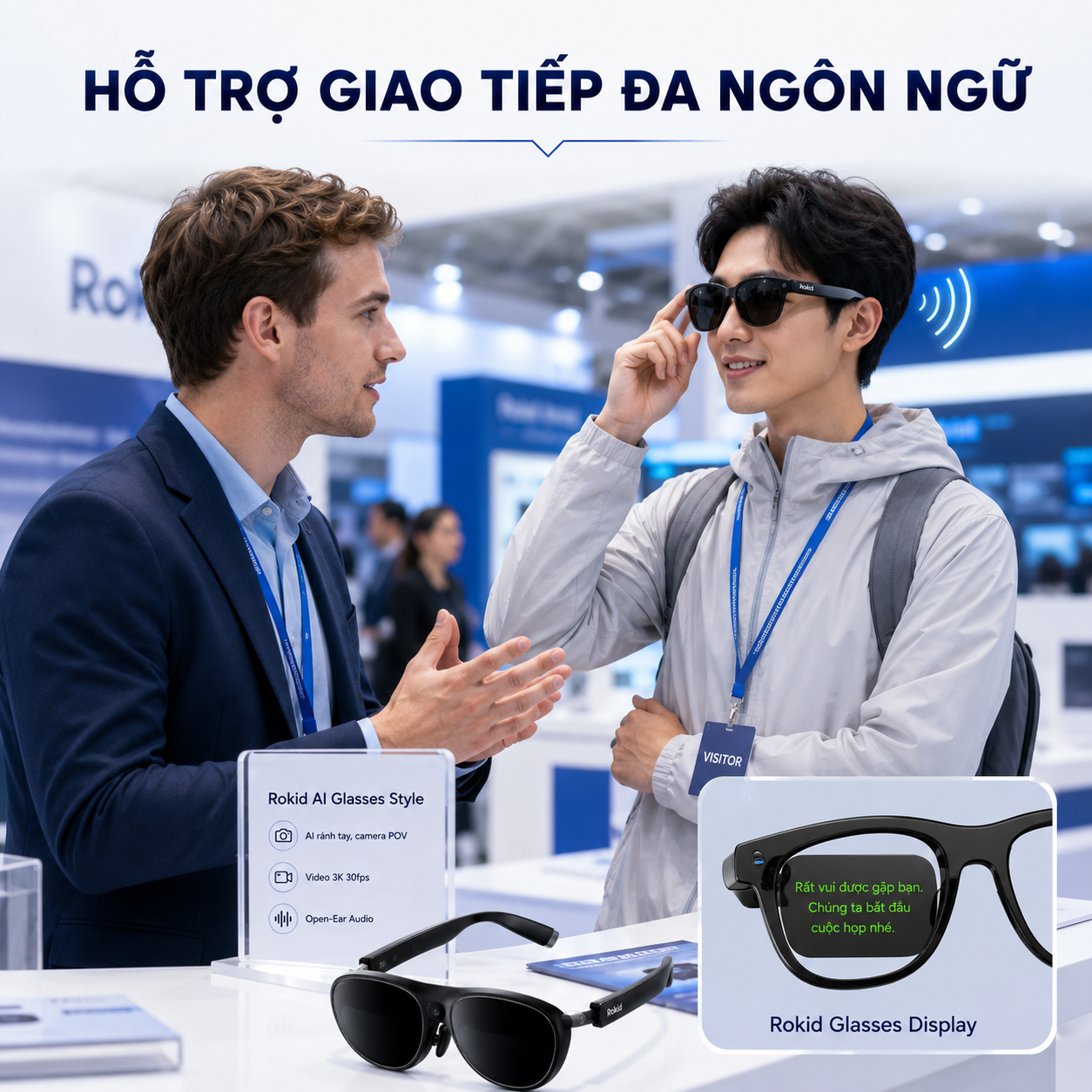 kính Rokid hỗ trợ phiên dịch trong tình huống tư vấn quốc tế.