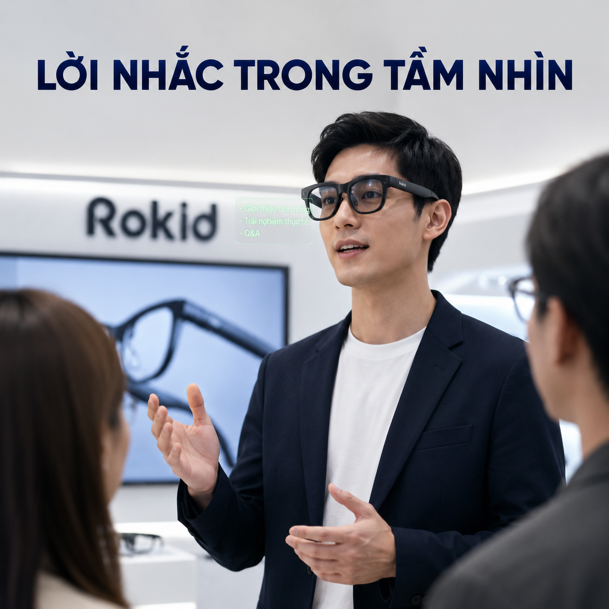 Rokid Glasses Display hỗ trợ teleprompter khi thuyết trình bán hàng.