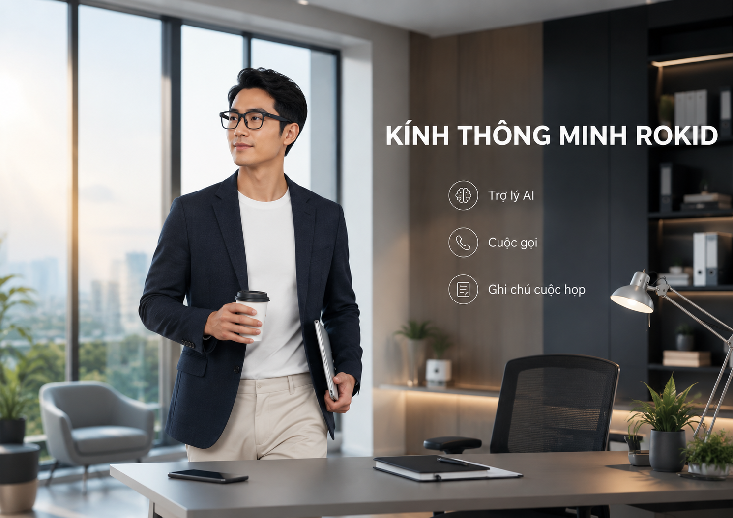 Người dùng Rokid AI Glasses Style bắt đầu một ngày làm việc với AI, cuộc gọi và meeting notes.
